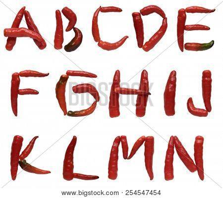 Alphabet Fresh red hot chili peppers set isolated on white background
