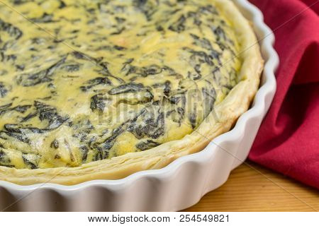Spinach, Eggs, Feta Tart Very Close Up - Spinach Quiche Background With Selective Focus
