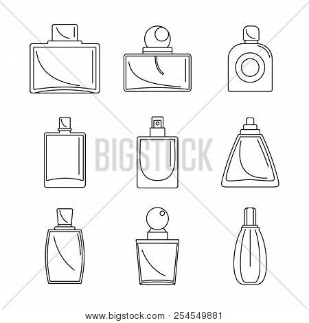 Fragrance Bottles Aroma Flavor Perfume Icons Set. Outline Illustration Of 9 Fragrance Bottles Aroma 