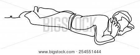 Guy Is Lying On Bed In The Morning. He Is Talking On The Mobile Phone. Professional Vector Illustrat