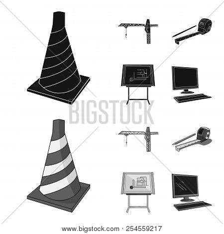 Construction Crane, Measuring Tape Measure, Drawing Board, Computer. Architecture Set Collection Ico