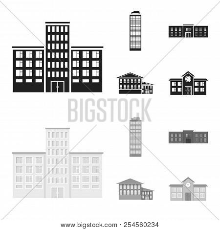 Skyscraper, Police, Hotel, School.building Set Collection Icons In Black, Monochrome Style Vector Sy