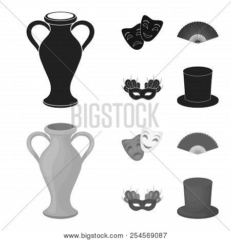 Theatrical Mask, Cylinder, Fan, Mask On The Eyes. Theater Set Collection Icons In Black, Monochrome 