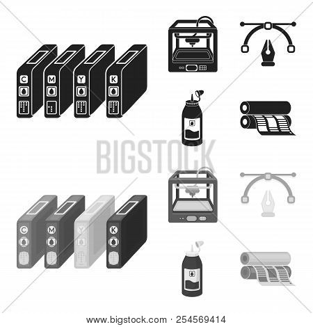 3d Printer, Newspaper Printer, Ink, Pen. Typography Set Collection Icons In Black, Monochrome Style 