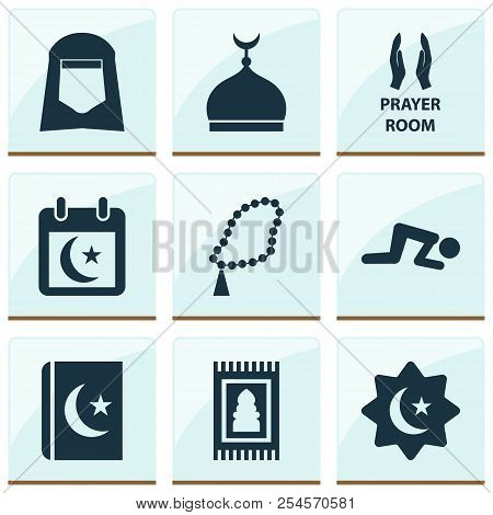 Ramadan Icons Set With Room, Minaret, Rosary And Other Beads Elements. Isolated Vector Illustration 