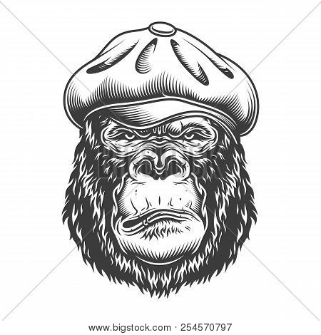 Serious Gorilla In Monochrome Style In Tweed Hat. Vector Illustration