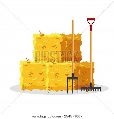 Bale Of Hay Isolated On White Background. Flat Dried Haystack With Forks And Rake, Farming Haymow Ba