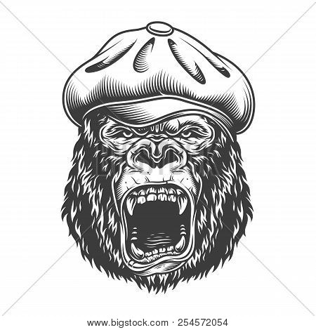 Angry Gorilla In Monochrome Style In Classic Hat. Vector Vintage Illustration