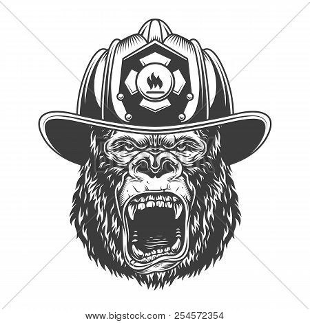 Angry Gorilla In Monochrome Style In The Firefighter Helmet. Vector Vintage Illustration