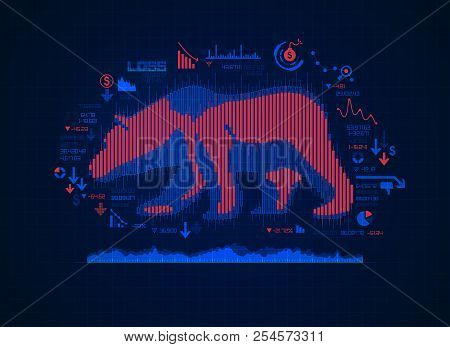 Concept Of Bearish In Stock Market Exchange, Shape Of Bear Combined With Candlesticks And Business F