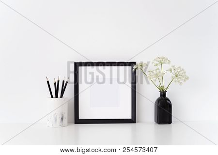 Black Portrait Square Poster Mock Up With A Aegopodium Podagraria In Black Vase And White Vase With 