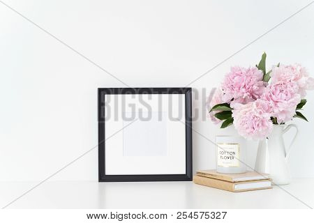 White Portrait Frame Mock Up With A Pink Peonies Beside The Frame, Overlay Your Quote, Promotion, He