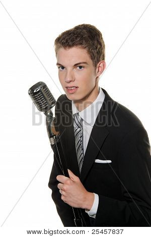 young singer with retro mic