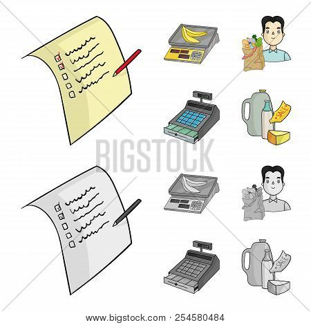 Package, Scales, Banana, Fruit .supermarket Set Collection Icons In Cartoon, Monochrome Style Vector