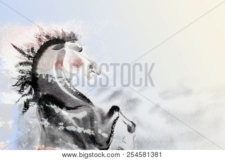 Abstract Watercolor Paintings The Brush Stroke Colorful Of Horse On Paper. Modern Art Impressionist 
