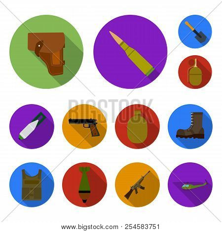 Army And Armament Flat Icons In Set Collection For Design. Weapons And Equipment Vector Symbol Stock