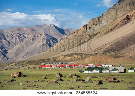 Beautiful landscape of the mountain valley in Sarchu camp stay in Ladakh, Northern India