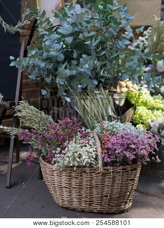 Basket With Ears Of Rye, Oats, Various Dried Flowers, Bouquet, Sale, Market