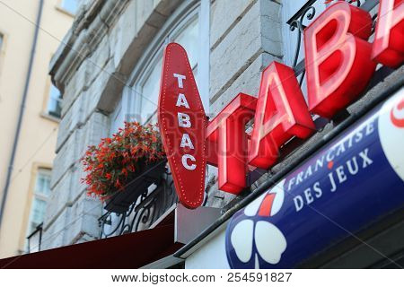Albi, France - July 24, 2018: French Red And White Tabac Sign With Loto Logo Above Tabacconist Store