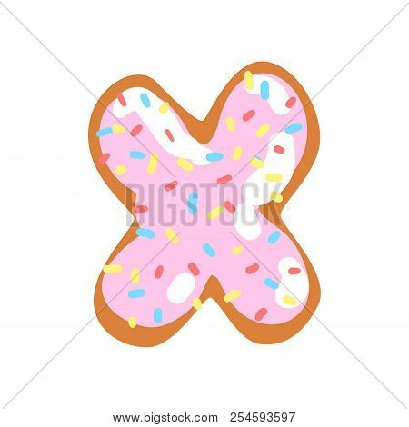 X Letter In The Shape Of Sweet Glazed Cookie, Bakery Edible Font Of English Alphabet Vector Illustra