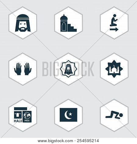 Holiday Icons Set With Namaz, Hajj, Muslim And Other Palm Elements. Isolated  Illustration Holiday I