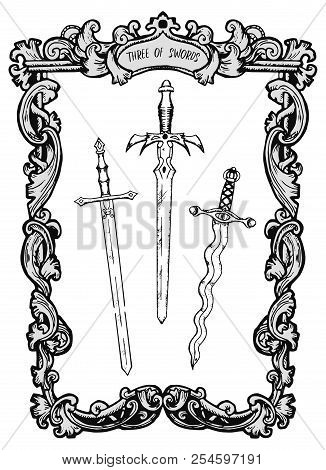 Three Of Swords. Minor Arcana Tarot Card. The Magic Gate Deck. Fantasy Engraved Vector Illustration 