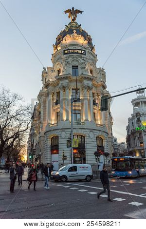 Madrid, Spain - January 23, 2018:  Sunset View Of Gran Via And Metropolis Building (edificio Metropo