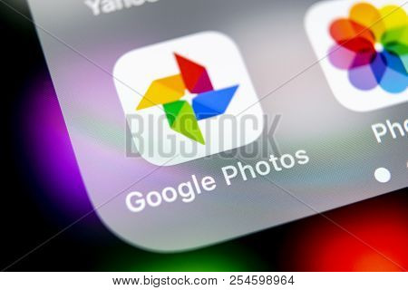 Sankt-petersburg, Russia, August 16, 2018: Google Photos Plus Application Icon On Apple Iphone X Scr