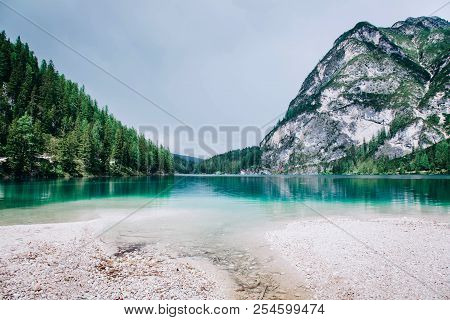 Beautiful View Of Lago Di Braies Or Pragser Wildsee, Trentino Alto Adidge, Dolomites Mountains, Ital