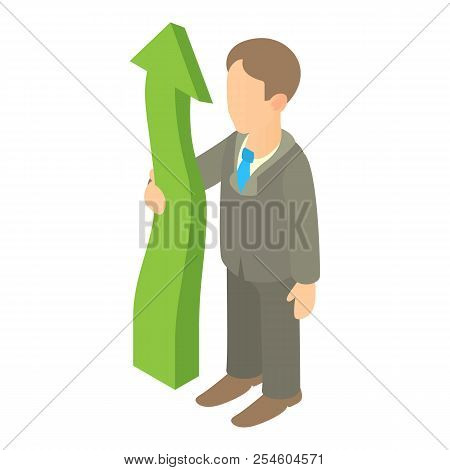 Business Man Holding Green Arrow Up Icon. Cartoon Illustration Of Business Man Holding Green Arrow U