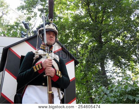 Moscow, Russia - August 2018: Grenadier Guardsman In Uniform Of The French Army Of 19th Century Duri