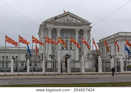 Skopje, Republic Of Macedonia - February 24, 2018:  Building Of Government Of The Republic Of Macedo