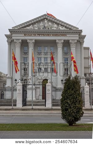 Skopje, Republic Of Macedonia - February 24, 2018:  Building Of Government Of The Republic Of Macedo