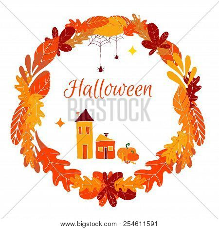 Vector Circle Frame Dedicated To The Autumn Holidays: Halloween. Doodle Design, Template For Greetin