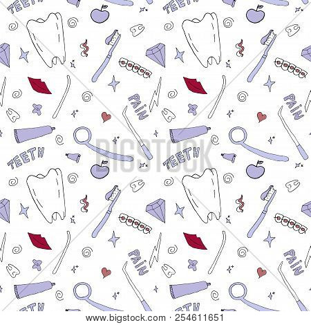 Seamless Pattern On The Topic Of Dentistry. Vector Illustration. Teeth Care. Doodle Style. Pastel Co