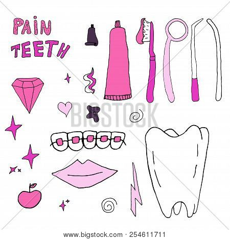 Vector Dentist's Tools Isolated On A White Background In Doodle Style. Pink Color. Handdrawn Design.