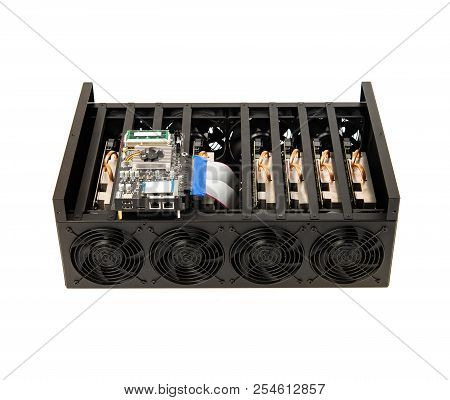 Farm For Mining Cryptocurrency,  Motherboard With Processor And Graphic Cards Isolated On White Back