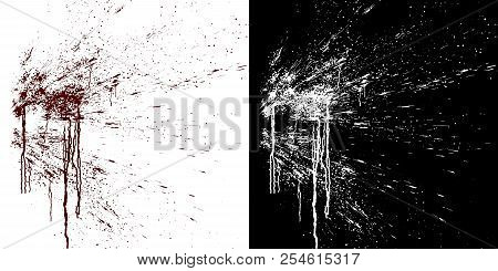 Computer Simulation Of Splashes And Blood Flows On A White Wall. Digital Illustration With Alpha Mat