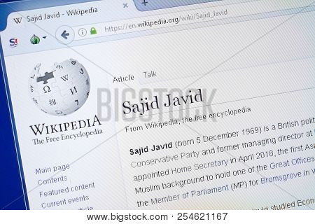Ryazan, Russia - August 19, 2018: Wikipedia Page About Sajid Javid On The Display Of Pc