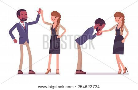 Man To Woman Friendly Greeting. Black Man, White Woman Giving High Five, Kissing. Business Protocol 
