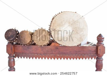 Big Ancient Drum Is In Temple.cow Leather Drum.white Background
