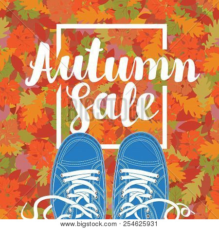 Vector Banner With The Inscription Autumn Sale And Blue Shoes On The Background Of Seamless Texture 