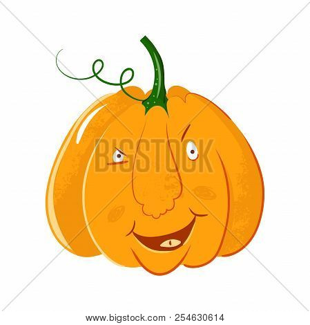 Vector Pumpkin Head Portrait With Cunning Smile Emotions For Halloween Celebration. Cute Cartoon Gou