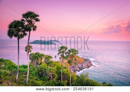 Landscape View Point Of Laem Phromthep Cape At Sunset Sky.