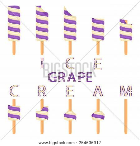 Vector Illustration Logo For Natural Grape Ice Cream On Stick. Ice Cream Pattern Consisting Of Sweet