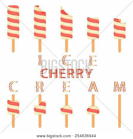 Vector Illustration Logo For Natural Cherry Ice Cream On Stick. Ice Cream Pattern Consisting Of Swee