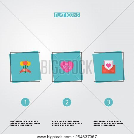 Happy Mother's Day Icon Flat Layout Design With Best Mother Ever, Postcard And Flower Symbols. Lovel