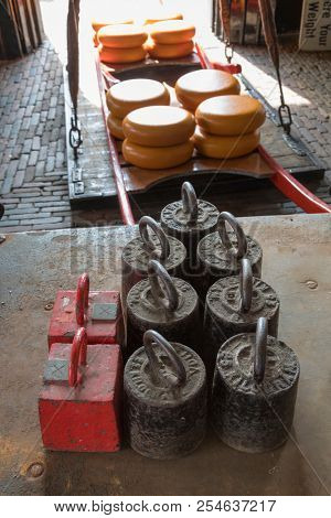 Alkmaar, Netherlands - July 20, 2018: Yellow Gouda cheese on the cheese scale with heavy weights in front before being sold on the market
