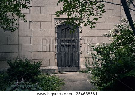 Wooden Church Door On Old Church In Evanston, Illinois