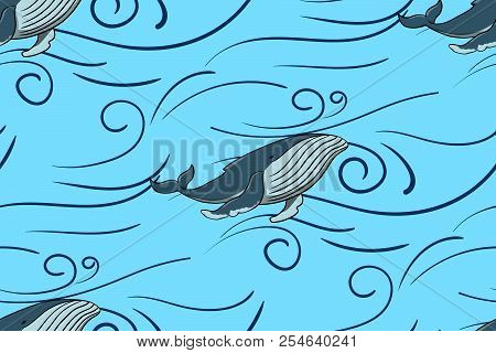 Seamless Pattern Sea And Blue Whale. On A Blue Background.